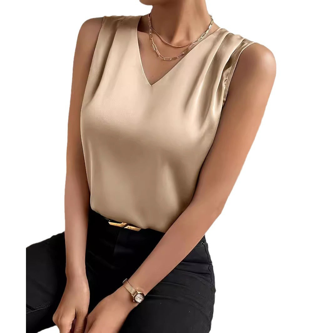 Boss Lady Satin Temperament Top Sin Mangas