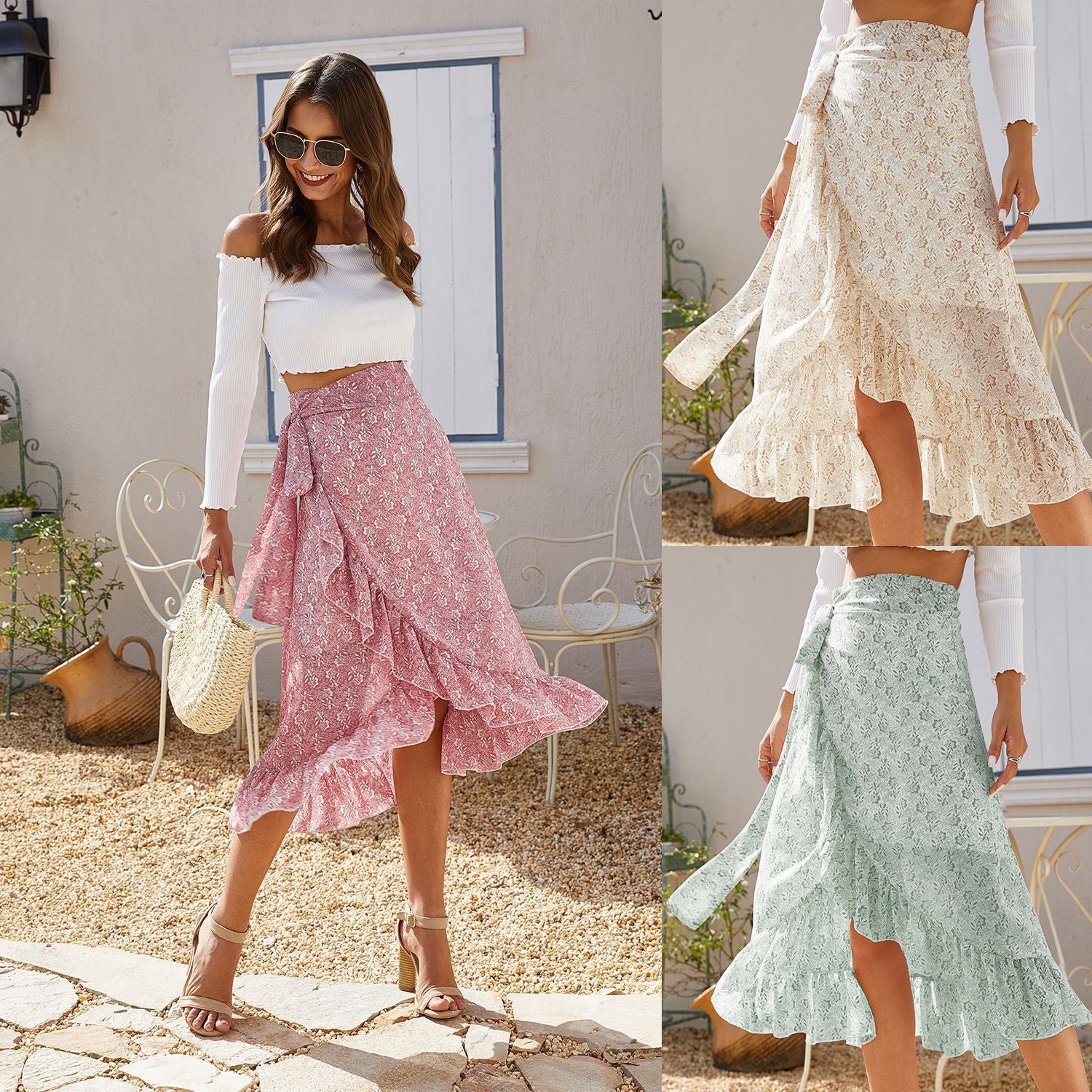 Aesthetic Frequency Floral Ruffle Chiffon Falda Cintura Al Top