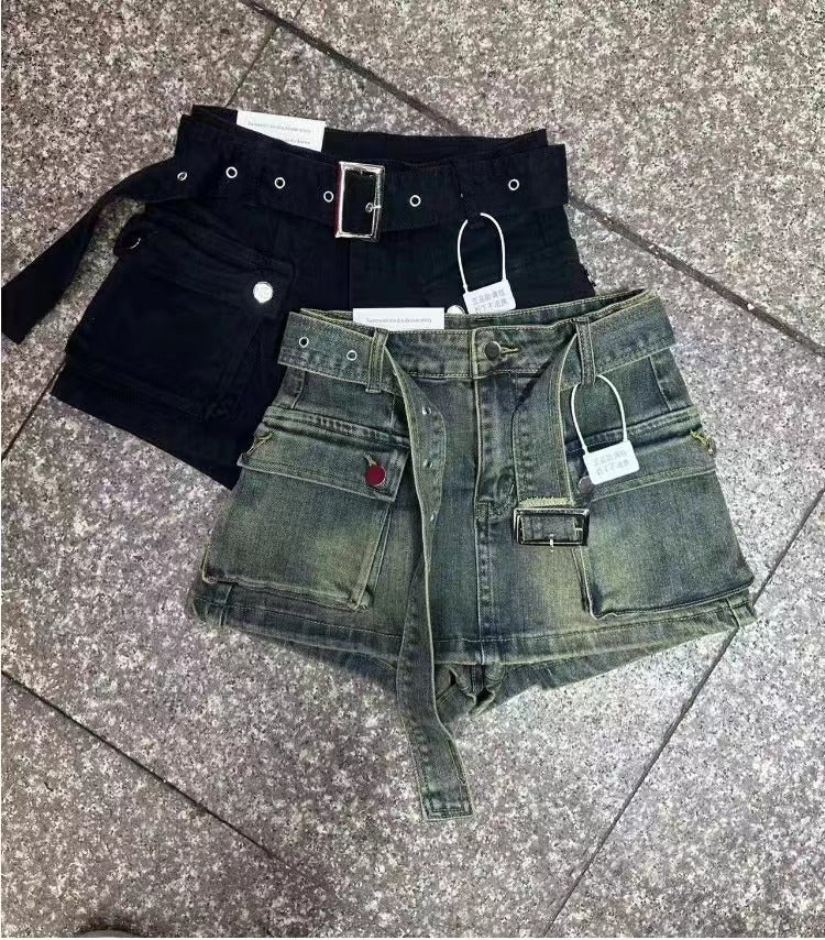 Bad Girl Heavy Pockets A- Line Denim Shorts Cintura Alta Con Cinturón