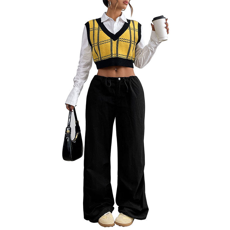 Drama Queen K-pop V-neck Chaleco A Cuadros