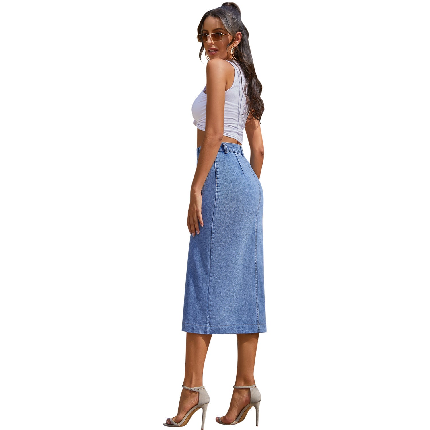Cowgirl Urban Button Irregular Slit Denim Falda Con Abertura o Recta