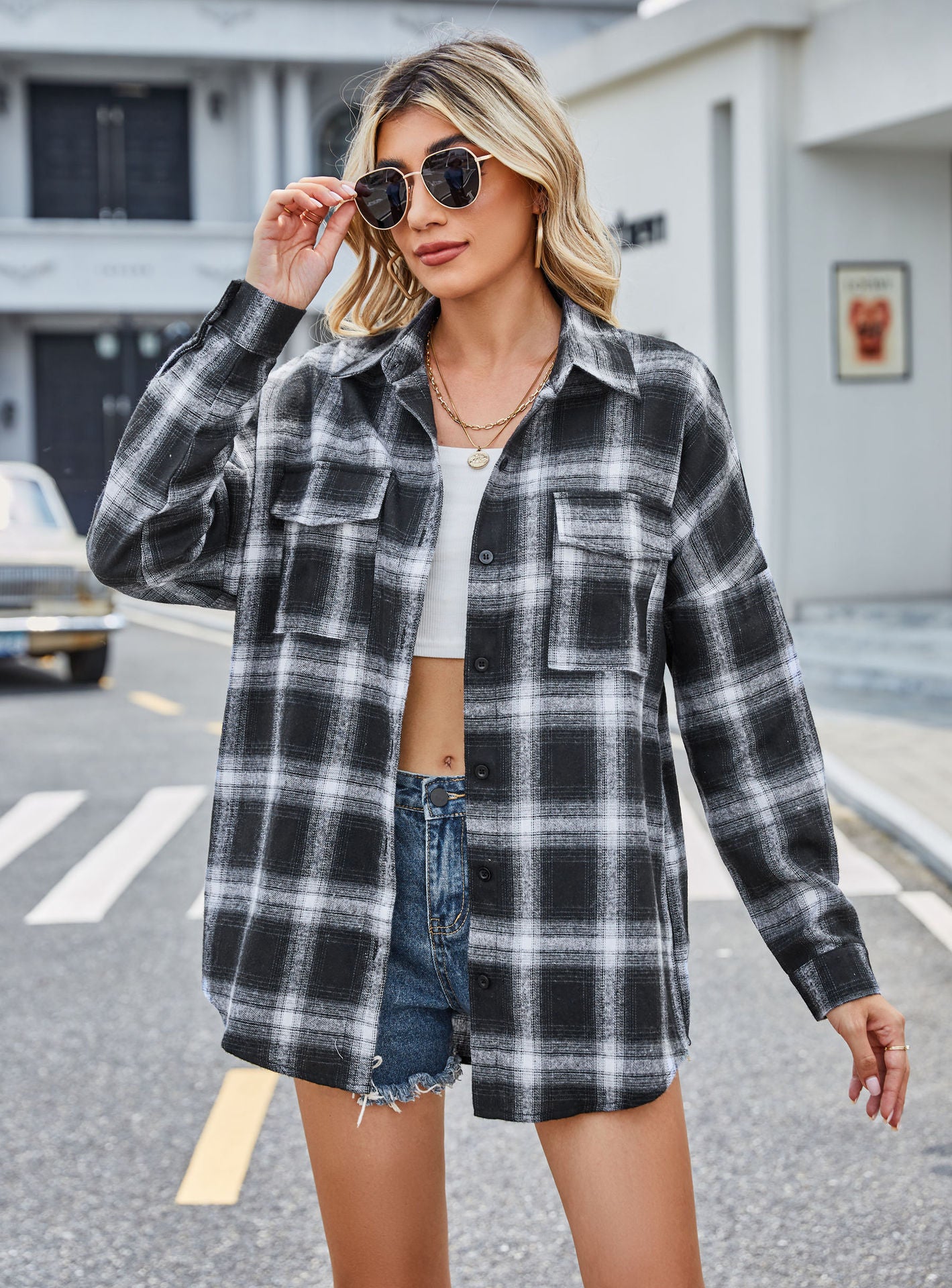 Aesthetic Frequency Long Sleeve Flannel Blusa Larga