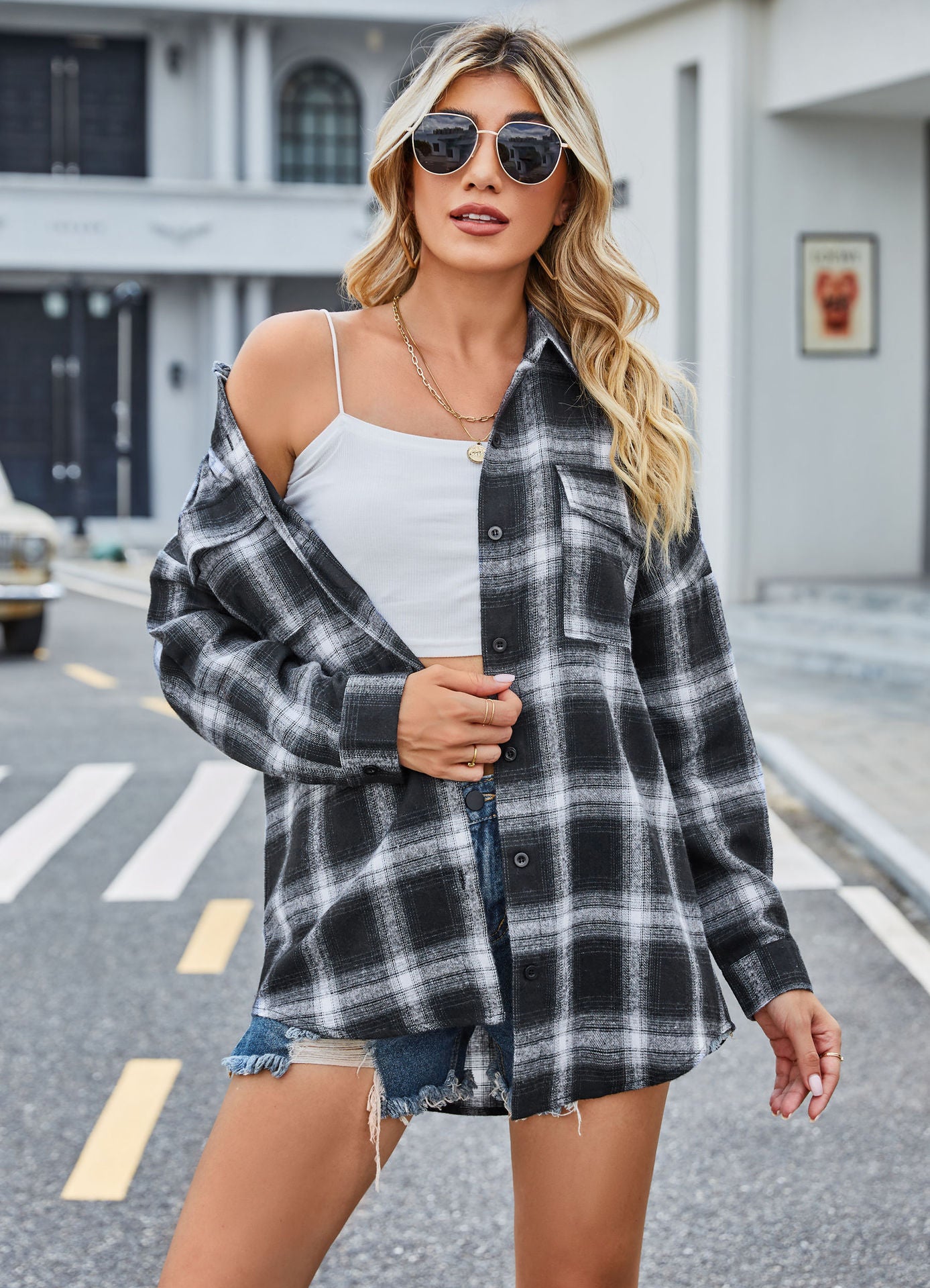 Aesthetic Frequency Long Sleeve Flannel Blusa Larga