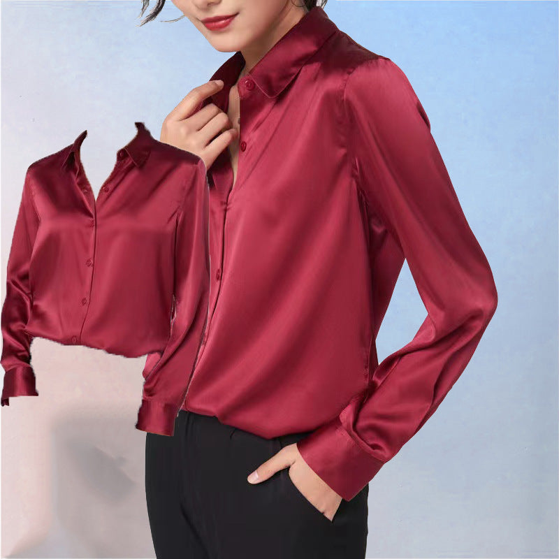 Boss Lady Long-sleeved Satin Blusa A Botones