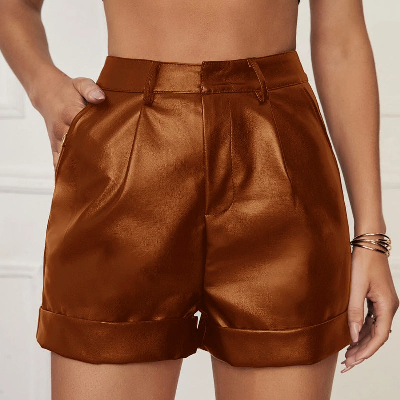 Bad Girl Leather Shorts Cintura Alta Con Bolsillos