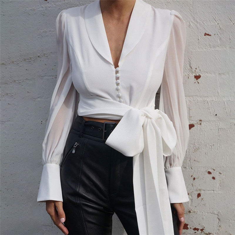 Boss Lady Lantern Sleeve Blusa Cuello V