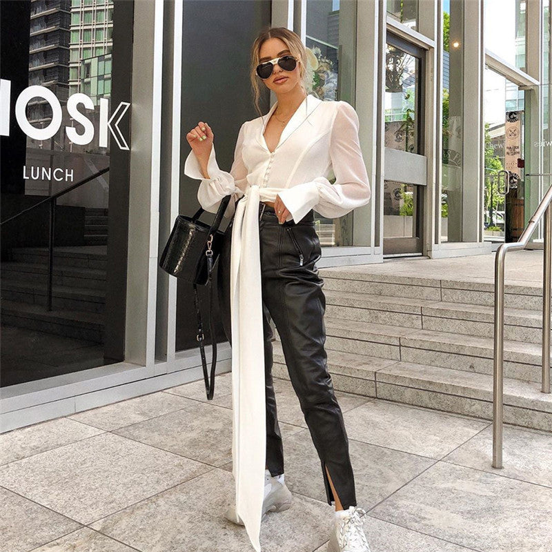 Boss Lady Lantern Sleeve Blusa Cuello V