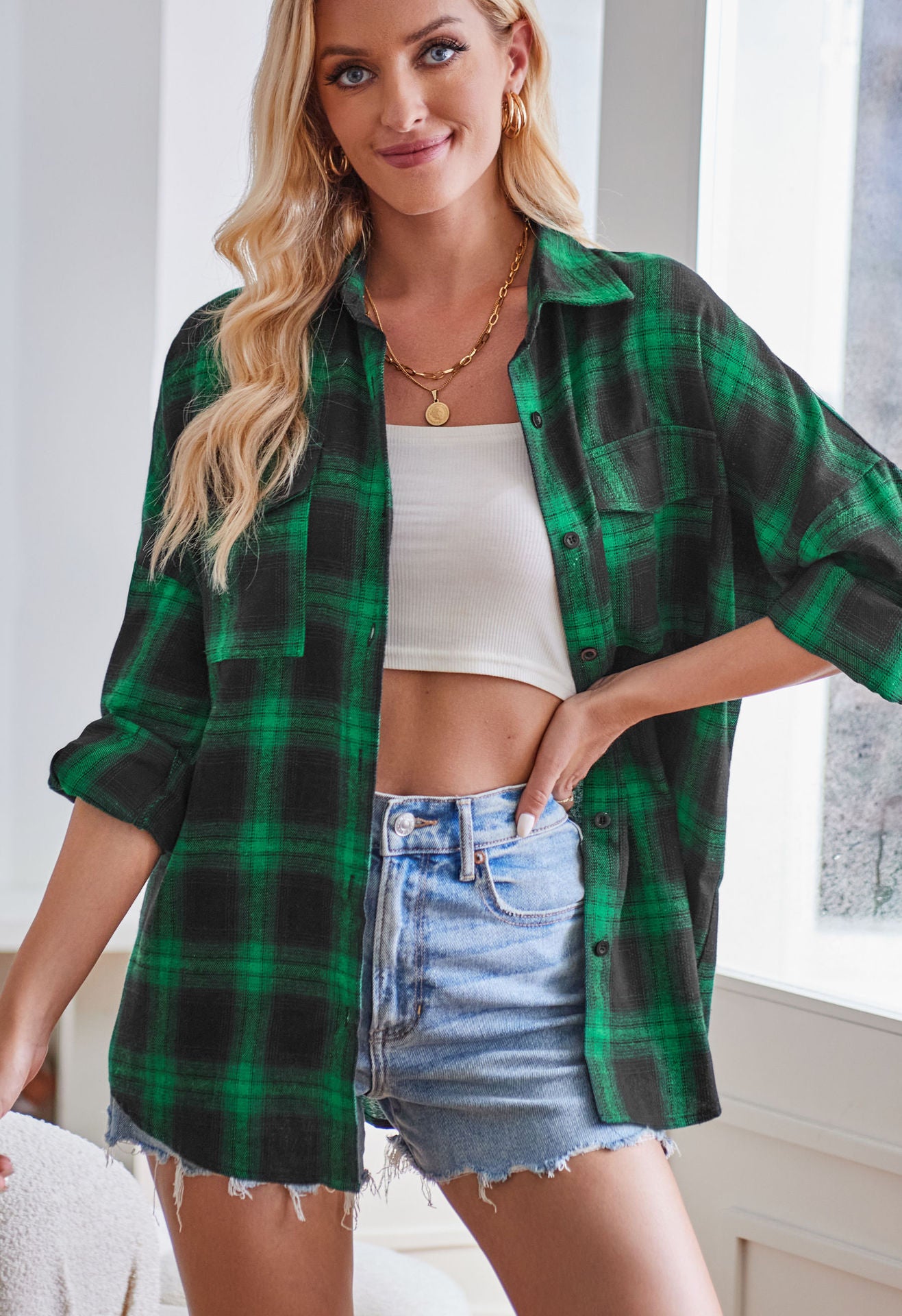 Aesthetic Frequency Long Sleeve Flannel Blusa Larga