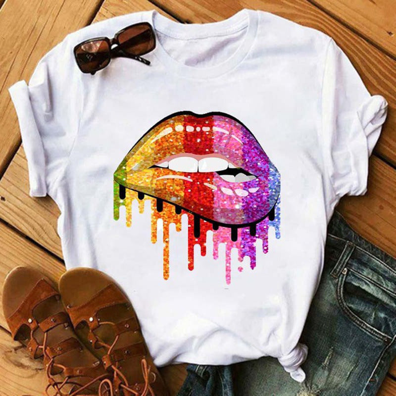 Bad Girl Lips Print Blusa Manga Corta