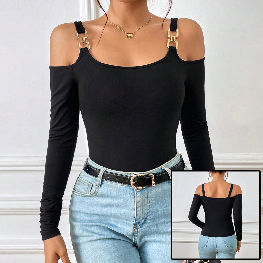 Bad Girl Off-Shoulder Metal Hook Long-Sleeved Blusa Manga Larga