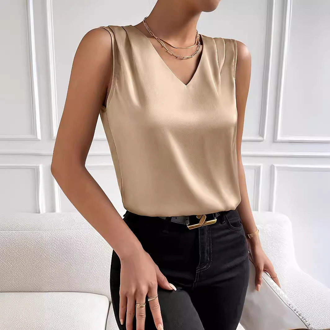 Boss Lady Satin Temperament Top Sin Mangas
