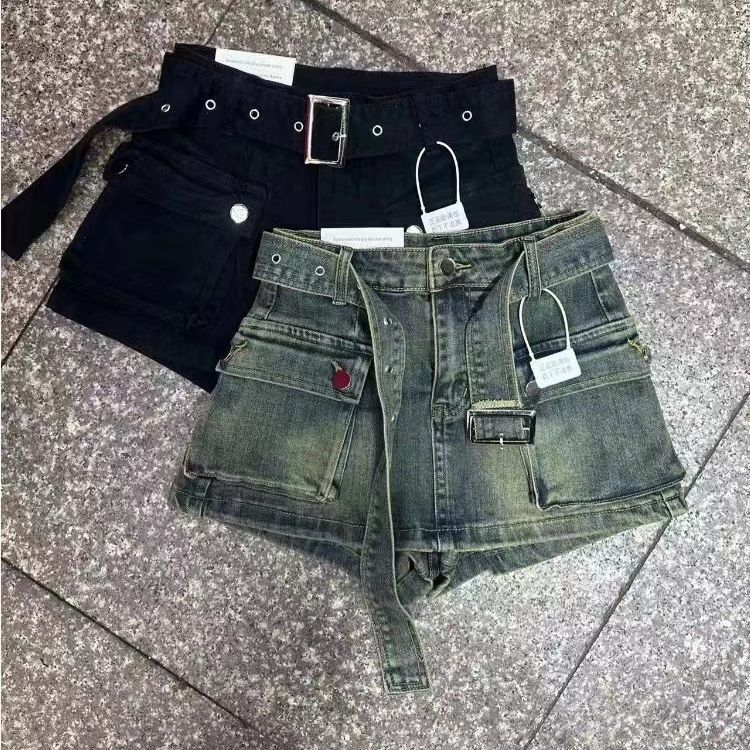 Bad Girl Heavy Pockets A- Line Denim Shorts Cintura Alta Con Cinturón