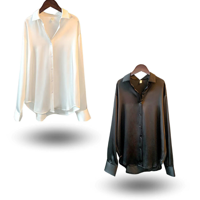 Boss Lady Long-sleeved Satin Blusa A Botones