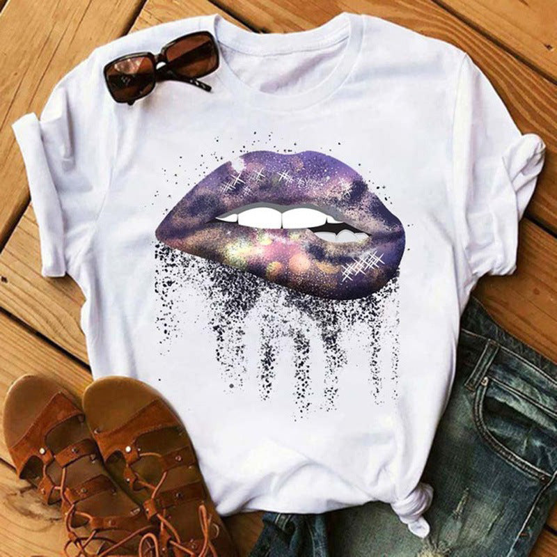 Bad Girl Lips Print Blusa Manga Corta