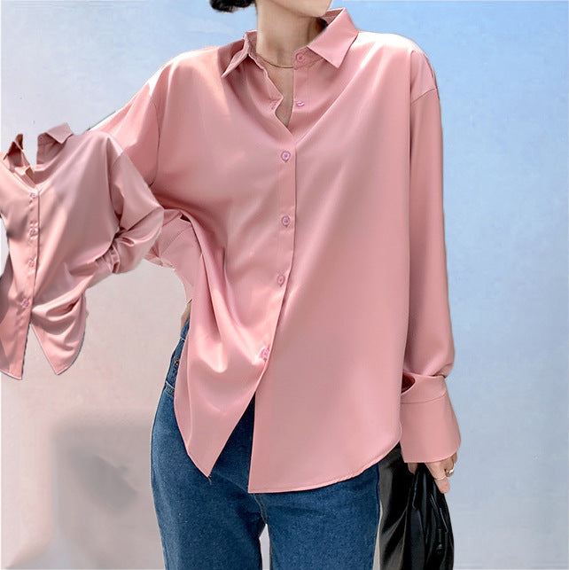 Boss Lady Long-sleeved Satin Blusa A Botones