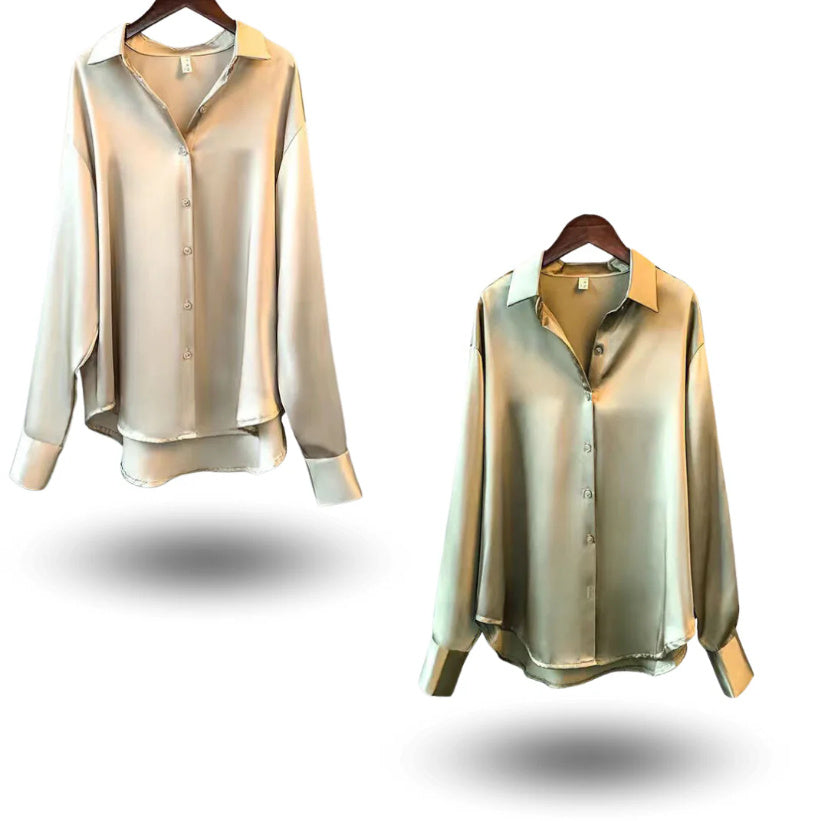 Boss Lady Long-sleeved Satin Blusa A Botones
