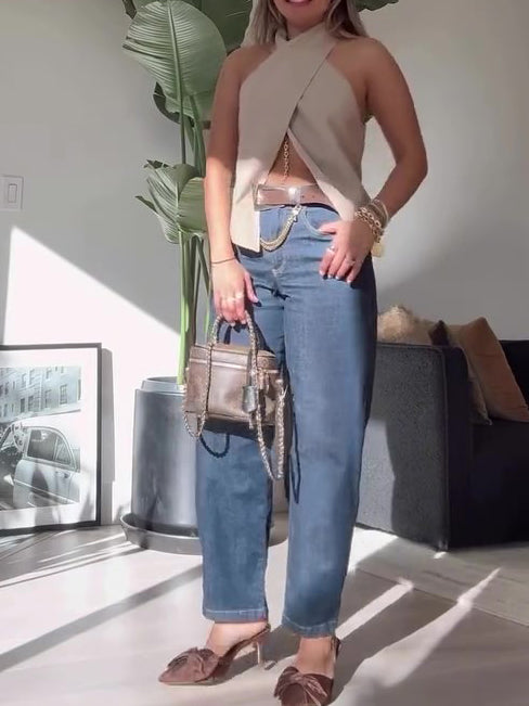 Drama Queen Khaki Cross Sleeveless Chaleco