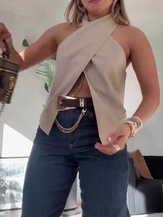 Drama Queen Khaki Cross Sleeveless Chaleco