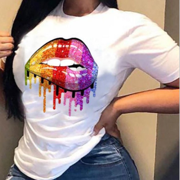 Bad Girl Lips Print Blusa Manga Corta
