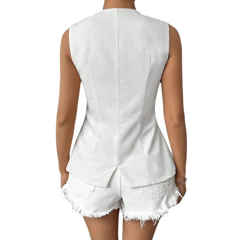 Good Girl Sleeveless Button Round Neck Chaleco Largo