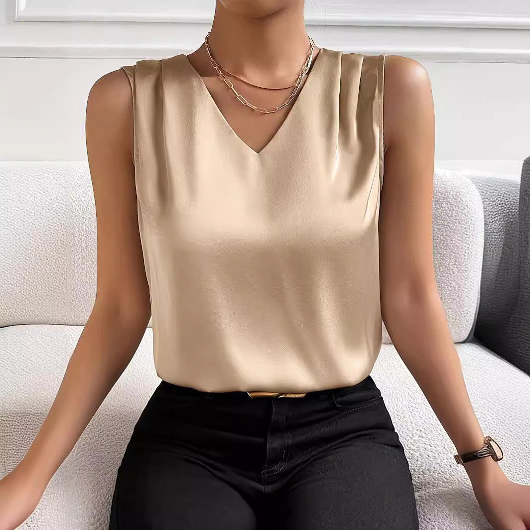 Boss Lady Satin Temperament Top Sin Mangas