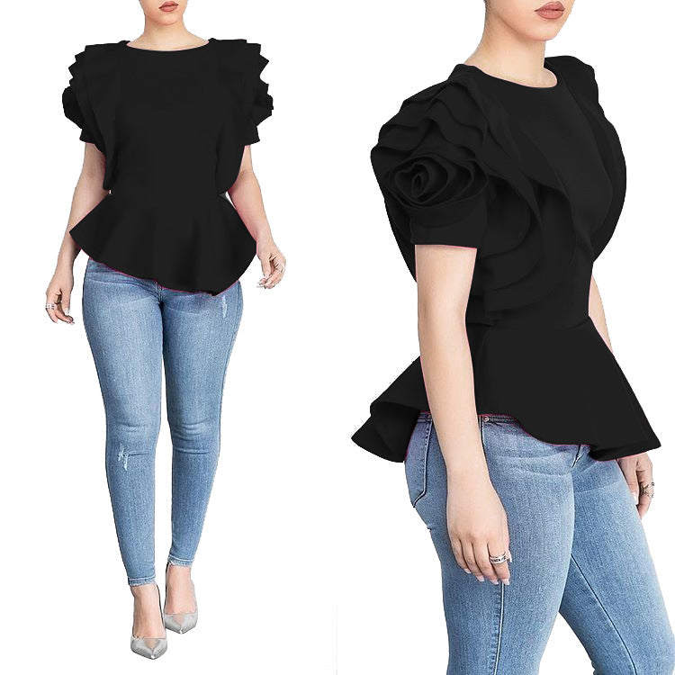 Drama Queen Rose Ruffled Shoulder Blusa
