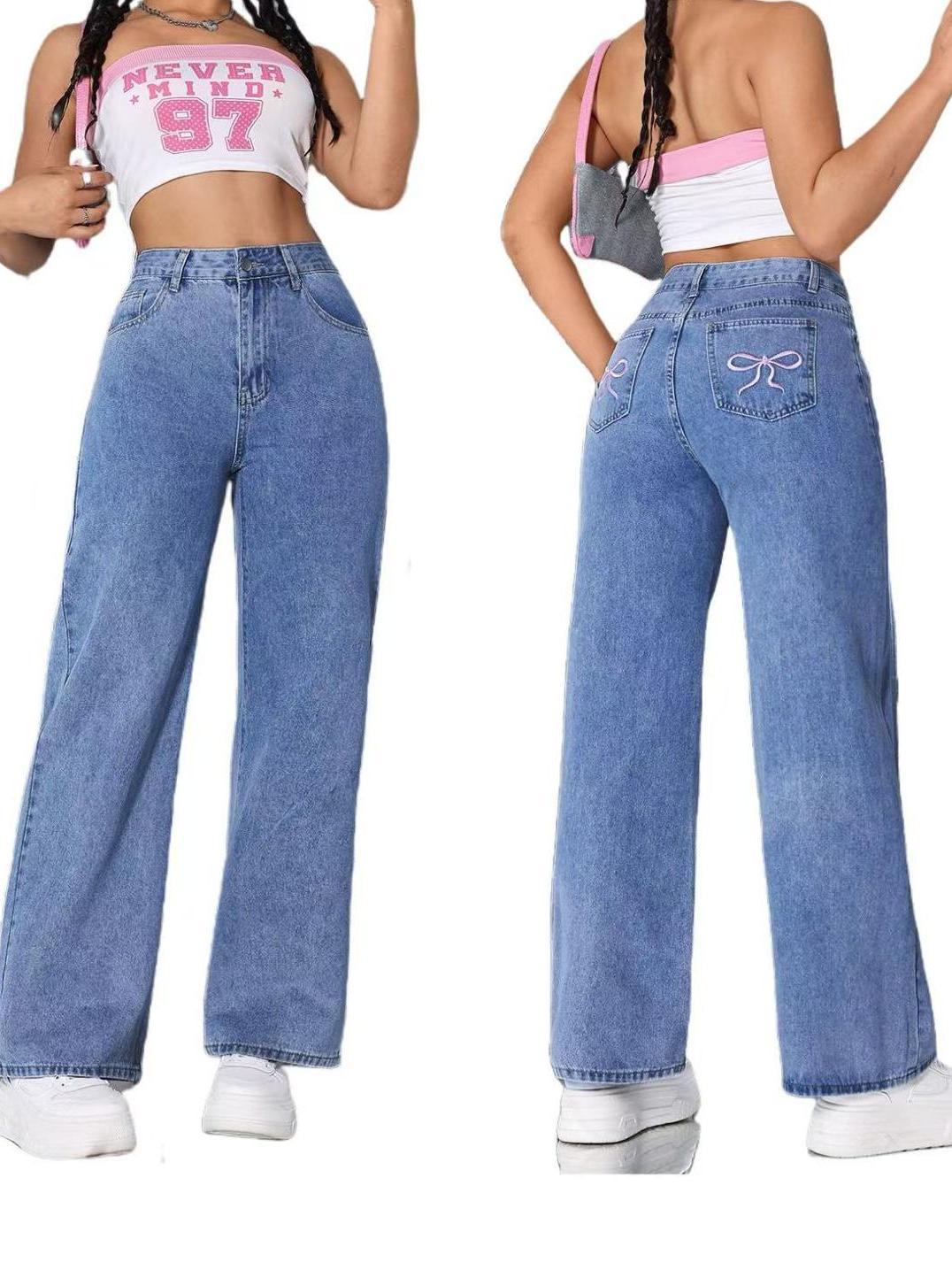 Aesthetic Urban Vintage Washed Pantalón Bordado Corte Ancho