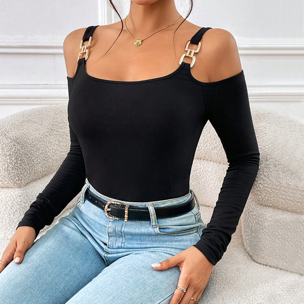 Bad Girl Off-Shoulder Metal Hook Long-Sleeved Blusa Manga Larga