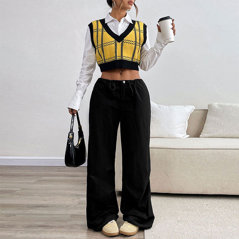 Drama Queen K-pop V-neck Chaleco A Cuadros